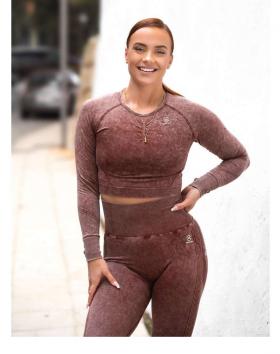 M-NUTRITION Sports Wear Washed Long Sleeve Crop Top, Washed Choco